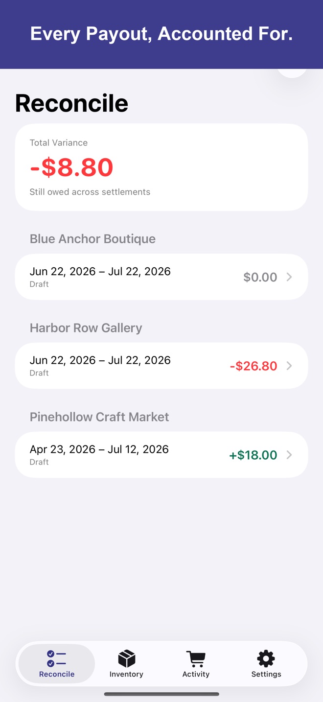 Screenshot: settlement reconciliation dashboard with variance