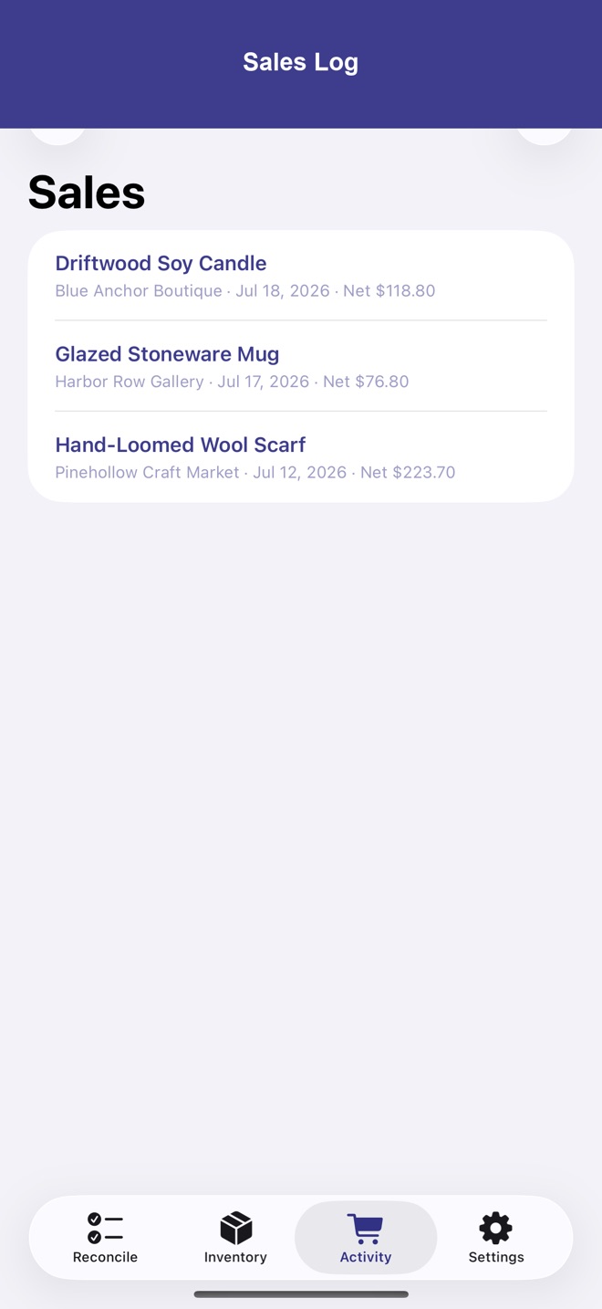 Screenshot: sales list with commission and fees