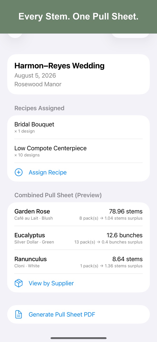 Screenshot: event pull sheet grouped by supplier