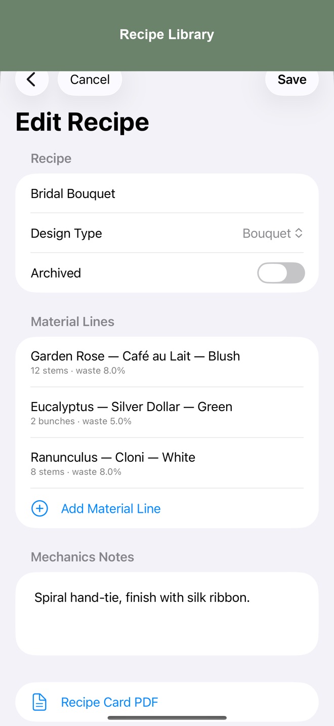 Screenshot: recipe editor with material lines and waste percentage