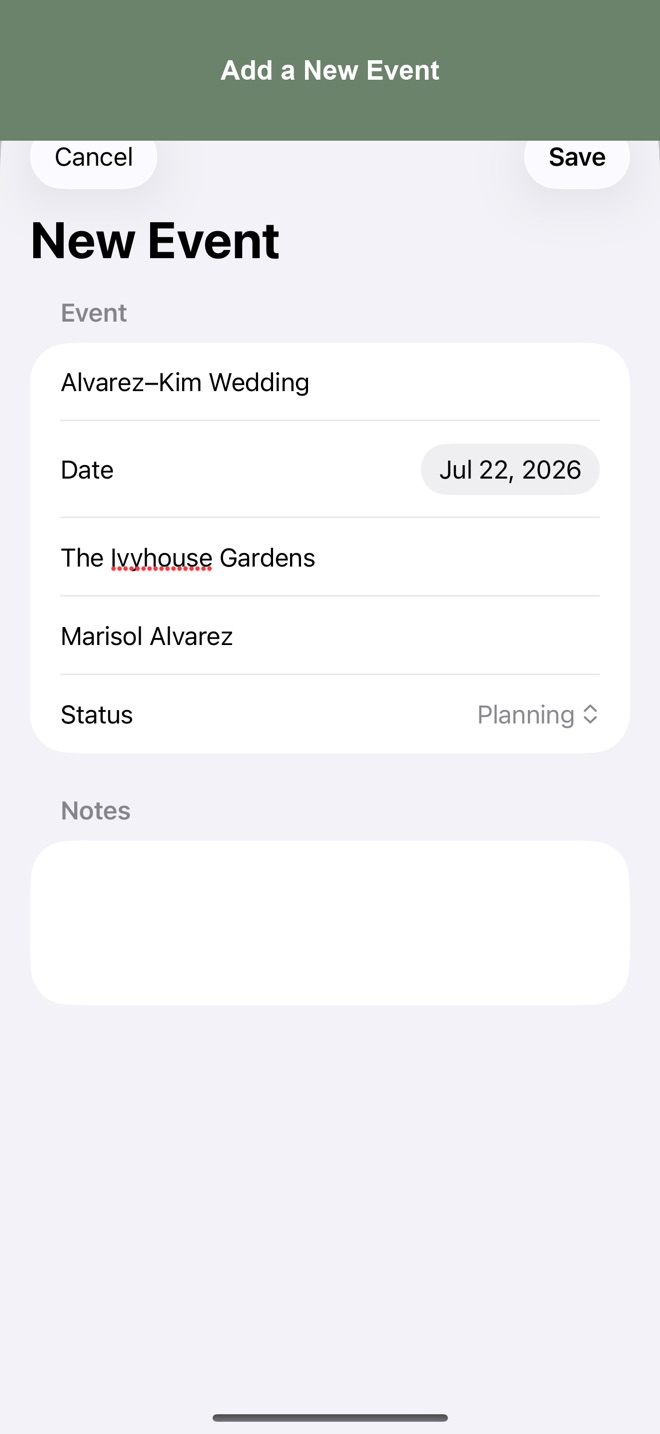 Screenshot: event editor with recipe assignments and design count