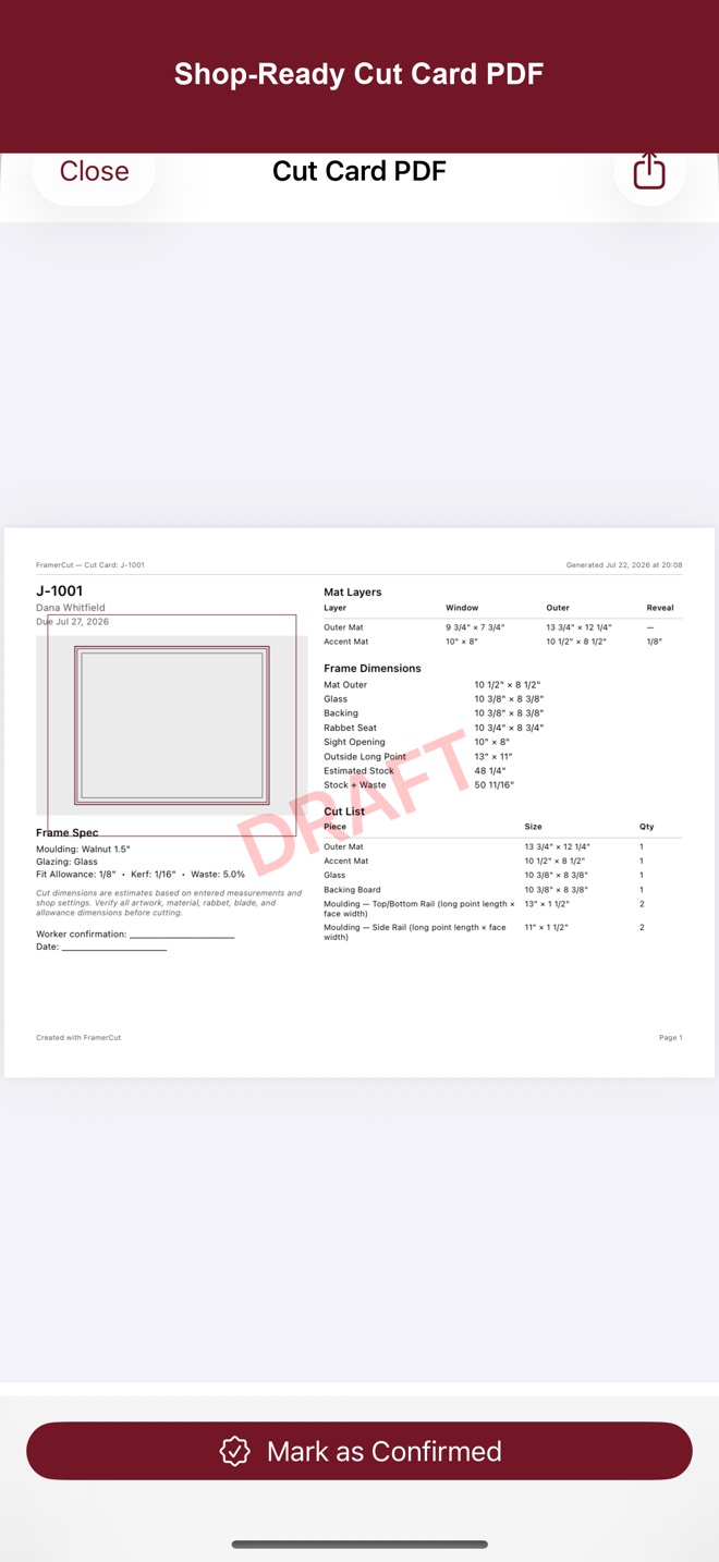 Screenshot: Cut Card PDF preview with DRAFT watermark