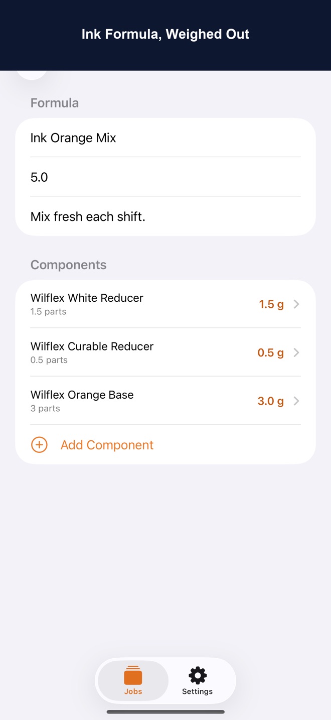Screenshot: ink formula with per-component weights