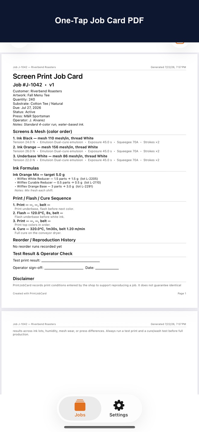 Screenshot: job card PDF preview