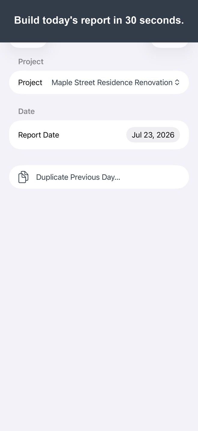 Screenshot: today's daily report quick-entry screen