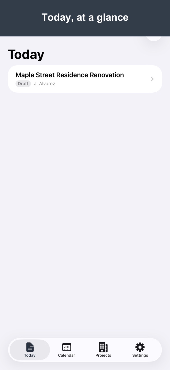 Screenshot: Today overview with quick actions