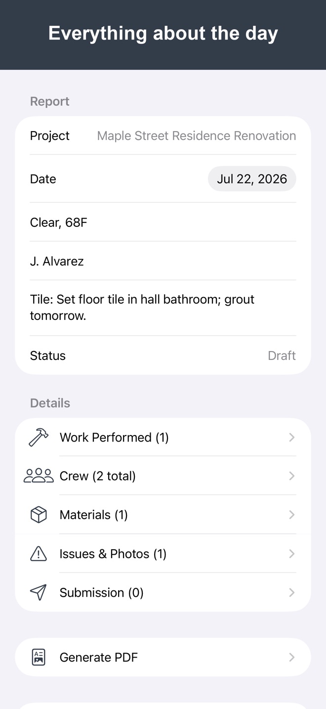 Screenshot: daily report detail