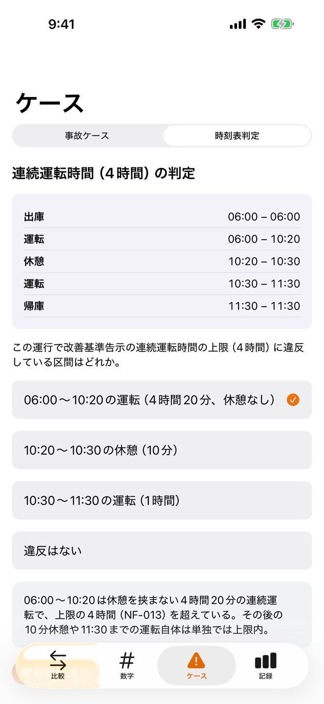 時刻表ケース判定画面のスクリーンショット