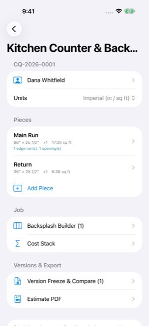 Screenshot: measure workbench for entering piece dimensions
