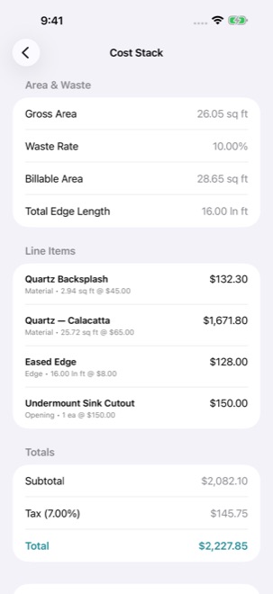 Screenshot: cost stack breaking down material, fabrication, and waste