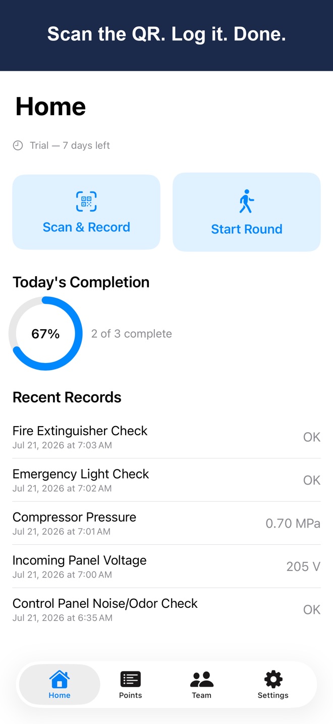 ScanRounds home screen with Scan & Log and Start Round buttons and today's completion ring