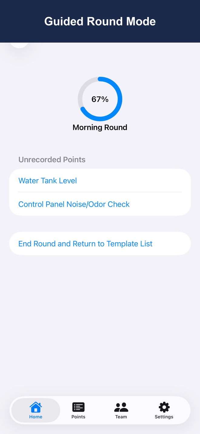 Round mode screen showing completion percentage and the list of points not yet logged