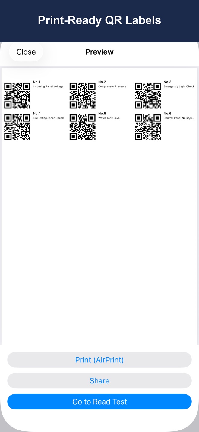 Label export preview screen showing a grid of QR labels with print, share, and scan-test buttons