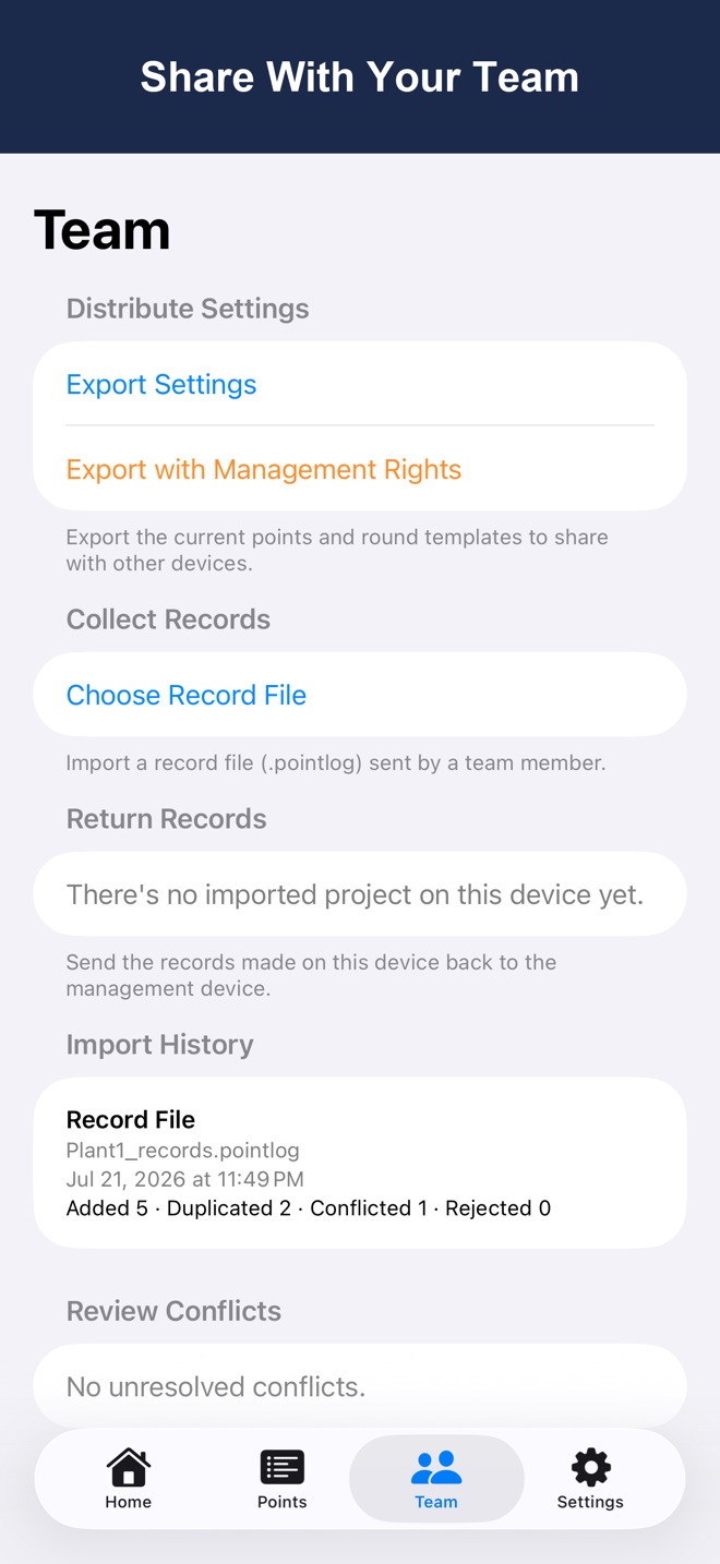 Team screen showing import history with counts for added, duplicate, conflicted, and rejected records